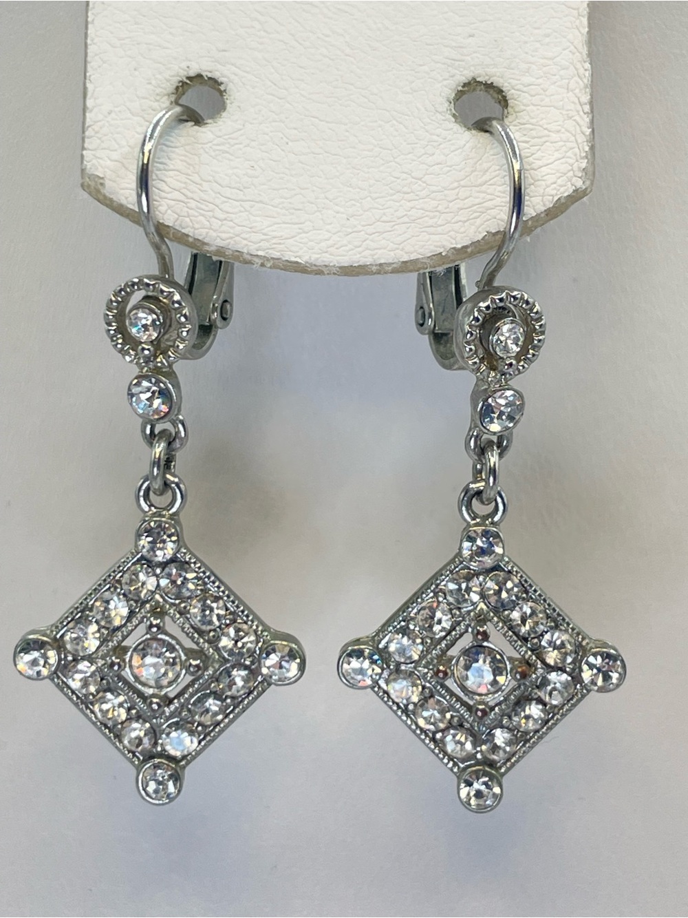 Vintage Silver Tone Rhinestone Art Deco Dangle Earrings Bridal Glam